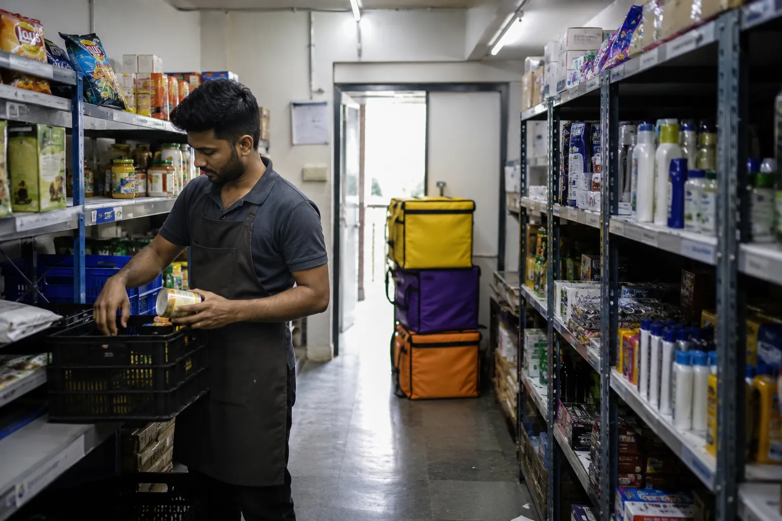 Dark store worker packing an order, with Blinkit, Zepto and Swiggy Instamart delivery bags stacked by the door