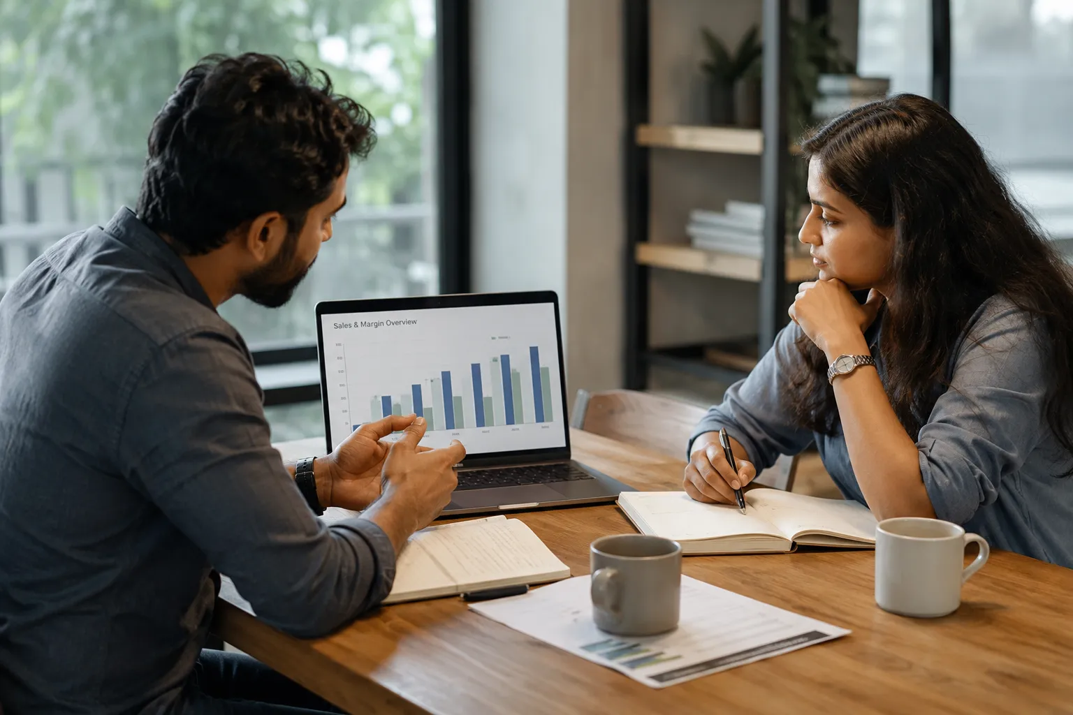 Founder reviewing a sales and margin chart with a teammate