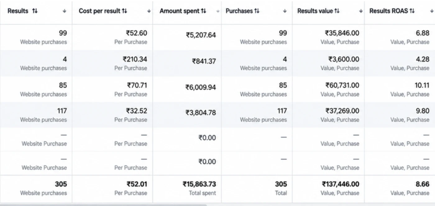 Real Meta Ads Manager results: 305 website purchases, ₹15,863.73 spent, 8.66x ROAS